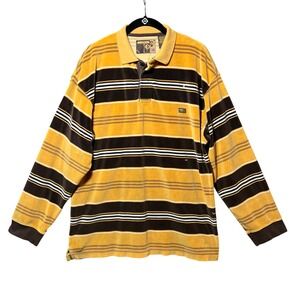 Mecca USA Vintage 90s Velour Striped Long Sleeve Polo Shirt Yellow Brown Mens M